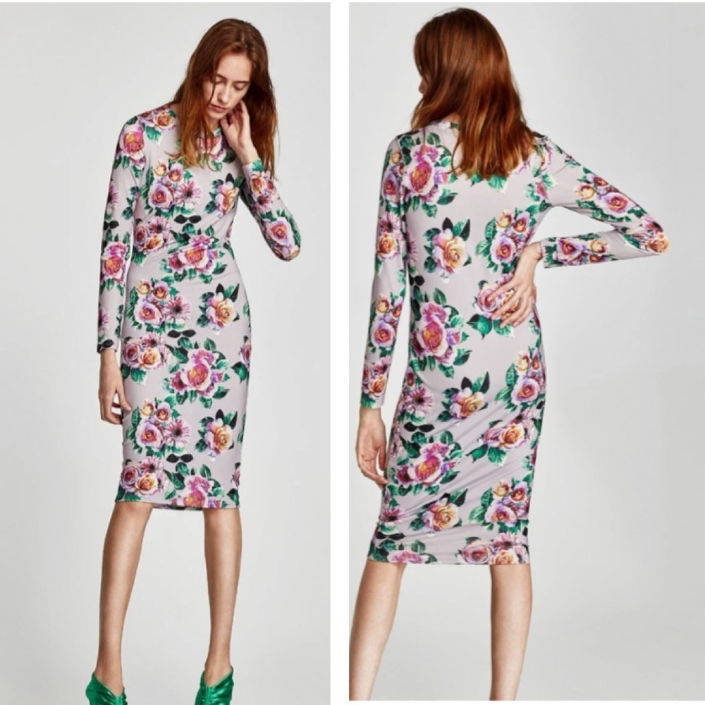 Zara NEW Floral Stretch Pencil Bodycon Fitted Midi Dress Boho Crew Long Sleeve M